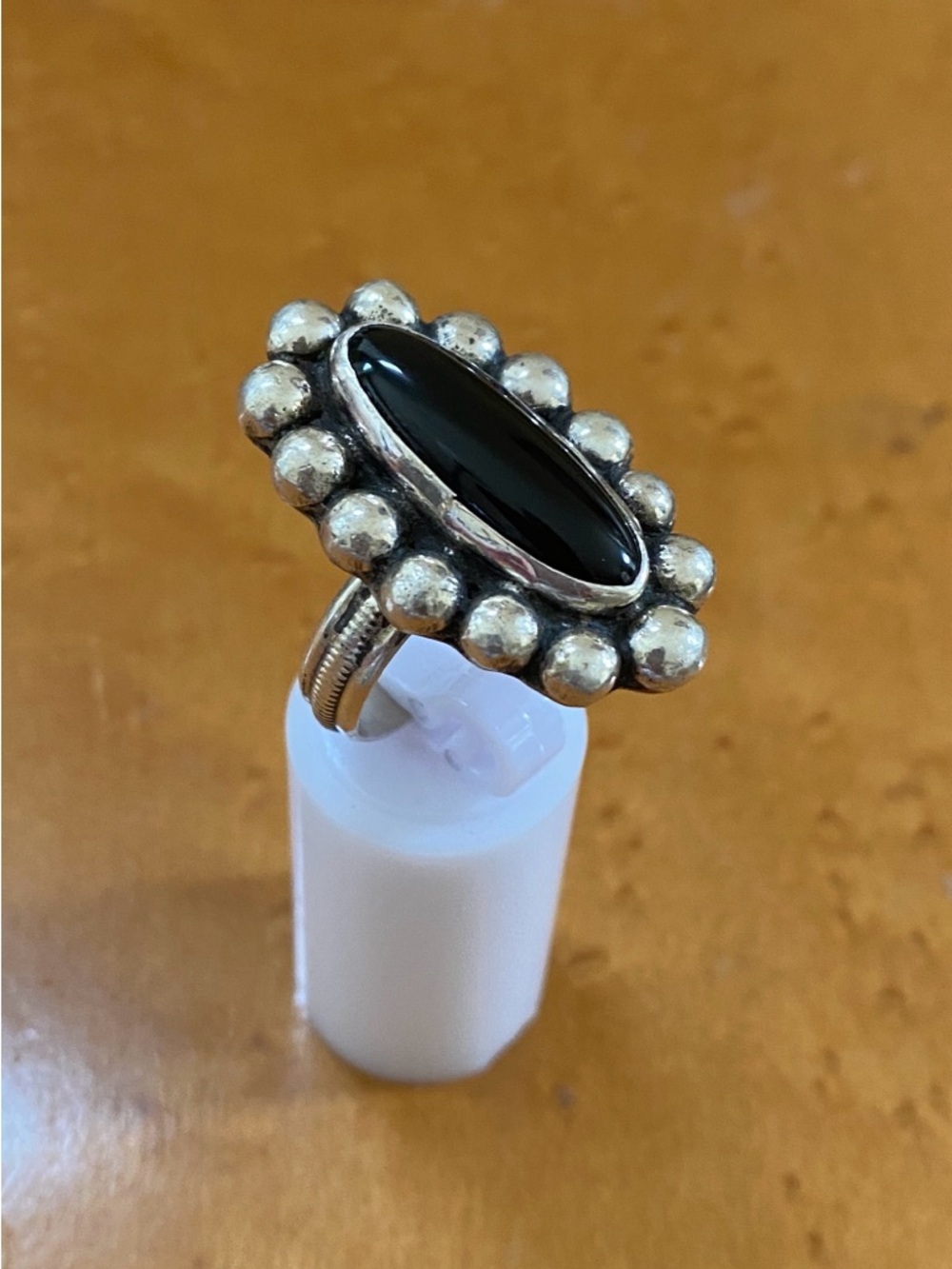 NAVAJO CHIMNEY BUTTE Native American Onyx Marquise Stone Sterling Beaded Halo